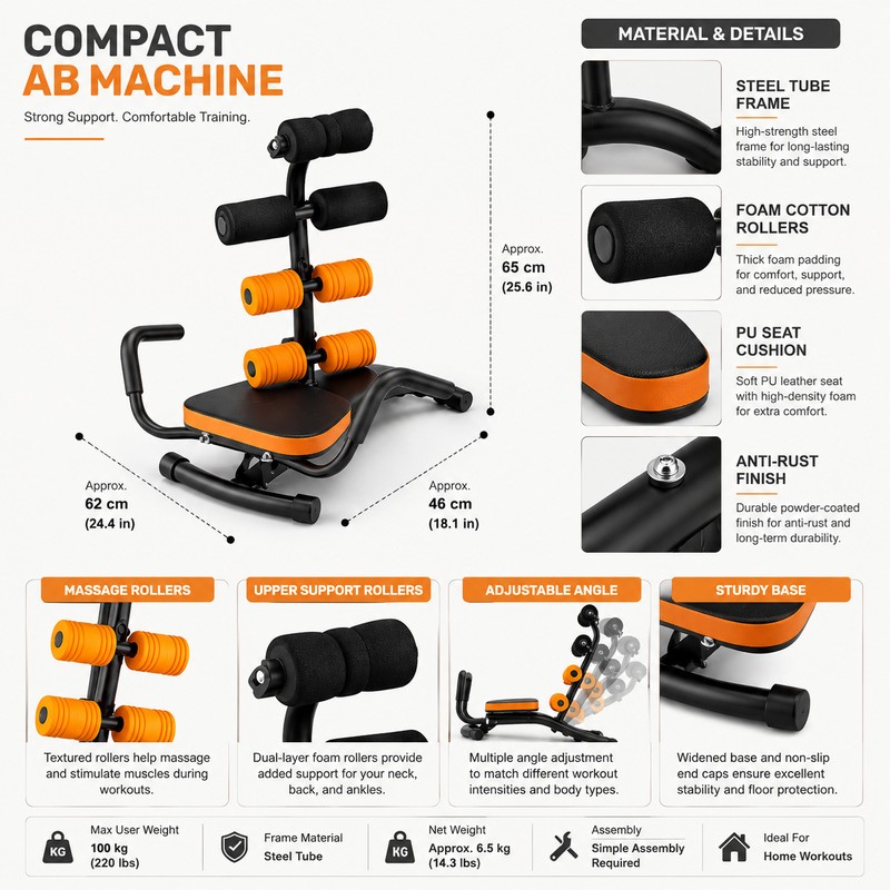 Adjustable Ab Workout Machine for Home Gym – 3-Position Backrest