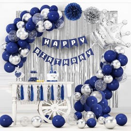 Birthday Decoration, Navy Blue Silver Birthday Party Decorations for Boys Girls Men Women, Happy Birthday Banner Background, Confetti Balloons, Tassel Garland