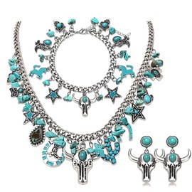BVGA Western Jewelry for Women Boho Vintage Turquoise Cowgirl Necklace Bracelet Earrings Western Cowgirl Accessories Country Vintage Outfits Party Favors Gifts (Style B)
