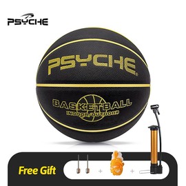 PSYCHE Original Rubber Basketball with Free Ball Pump and Needles Deep Channel Construction Streetball Made for Indoor Outdoor Basketball Games - Colour: Black&Gold, Size: #5（6-10 years old）