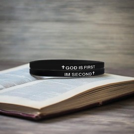 LIU JUN God Is First Bracelet, GOD IS FIRST IM SECOND Christian Rubber Bracelets Inspirational Engraved Bible Verses Cross Silicone Bracelet For Women Men Faith Gifts (black-black)