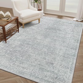 Madane 9x12 Area Rugs for Living Room, Machine Washable Rug with Anti-Slip Backing, Soft Vintage Large Area Rug, Floral Print Floor Carpet for Bedroom Dining Room (9 x 12, Light Grey)
