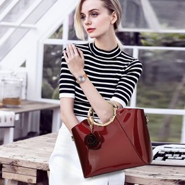 ZiMing Women Glossy Patent Leather Handbags Metal Top Handle Handbag Stylish Satchel Purses Crossbody Bags Evening Bag Shoulder Bags with Long Shoulder Strap for Party/Wedding-Red