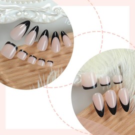 48 Pcs French Tip Press On Nails Almond & Short Square Press On Toenails Set Glossy Nature Black Fake Nails Tips Glue on Nails Full Cover Medium Acrylic Nail Kit False Toe Nails Nails Decoration