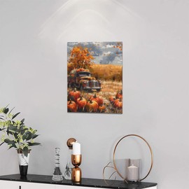 Fall Decor Wall Art Farmhouse Autumn Pumpkins Pictures Wall Decor Country Autumn Leaves Red Truck Canvas Painting Print Modern Home Decorations Artwork for Bathroom Bedroom Living Room Kitchen 12"x16"
