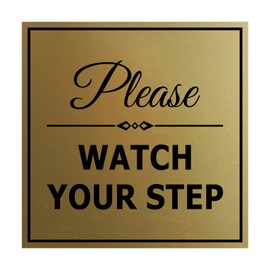 Signs ByLITA Square Classy Please Watch Your Step Sign | Safety Sign with Easy Installation (Brushed Gold) - Medium 2 Pack