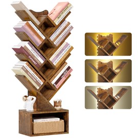 Gewudraw Tree Bookshelf with Lights LED, 4 Tier Book Shelf, Small Tree Bookcase with Storage Organizer,Floor Standing Corner Bookshelf for Bedroom, Living Room & Home Office, Rustic Brown