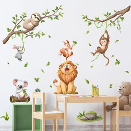 Jungle Animal Wall Decals, Safari Lion Monkey Sloth Wall Stickers Peel and Stick Cartoon Wall Decal Self Adhesive Wall Art Sticker for Baby Nursery Kids Room Decor