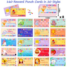 160 PCS Punch Cards for Classroom with Hole Puncher, Reward Cards for Kids Behavior with 160 Cute Punny Reward Stickers, Incentive Awards Loyalty Punch Cards for Students School Teachers Supplies
