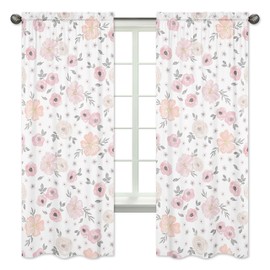 Blush Pink, Grey and White Window Treatment Panels Curtains for Watercolor Floral Collection by Sweet Jojo Designs - Set of 2