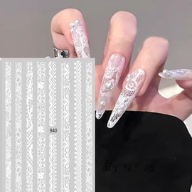 White Lace Nail Stickers, 3D Self-Adhesive Wedding Nail Art Sticker Decal for Women, Bridal Nail Art (White)