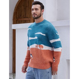 Yimoon Men Sweaters Oversized Graphic Casual Cable Knitted Jumper Pullover Cute Unisex Crewneck Retro Couple Tops (Orange-L)