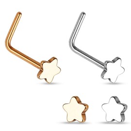 Forbidden Body Jewelry 20g Surgical Steel Star Top L-Shaped Nose Stud (2pcs Rose Gold & Steel)