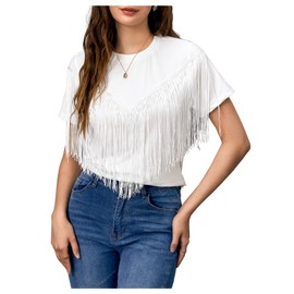 Verdusa Women's Short Sleeve Fringe Tops Tassel Trim Cowgirl Shirts Western Outfits White Medium