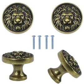 Cabinet Knobs Antique Lion Head Drawer Pulls Gold Animal Knobs Dresser Drawer Knobs and Pulls Single Hole for Kitchen Cupboard Handles 4 Pcs (Green bronze)