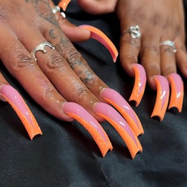 24pcs Curve Press on Nails Extra Long Fake Nails Orange French Tip Press ones with designs Acrylic Glue on Nails Women Girls Glitter Art Manicure for Daily Nail Supplies