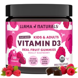 Llama Naturals Vitamin D3, Vegan, Organic Immune Support Supplement, Vitamin D Gummies for Adults and Kids, Real Fruit Gummy Vitamins, Promotes Bone Health, No Added Sugar Cane, Raspberry, 120 Ct