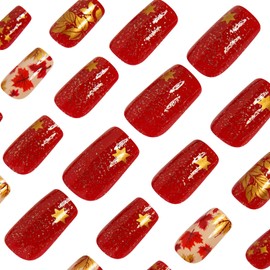 Fall Press on Nails Red Maple Leaf Designs Glitter Short Square False Nails Full Cover Autumn Acrylic Nails Star Glossy Stick on Nails for Women Girls Manicure Decoration 24 Pcs