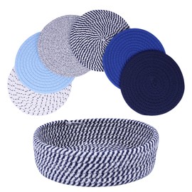 Trivets for Hot Dishes, MuieorVue Hot Pads for Kitchen, Pot Holders，Heat Resistant Mats for Countertop，8 Inch for Hot Pots and Pans with Storage Basket，Hot Plate Mat，Farmhouse Decor(8" Blue)