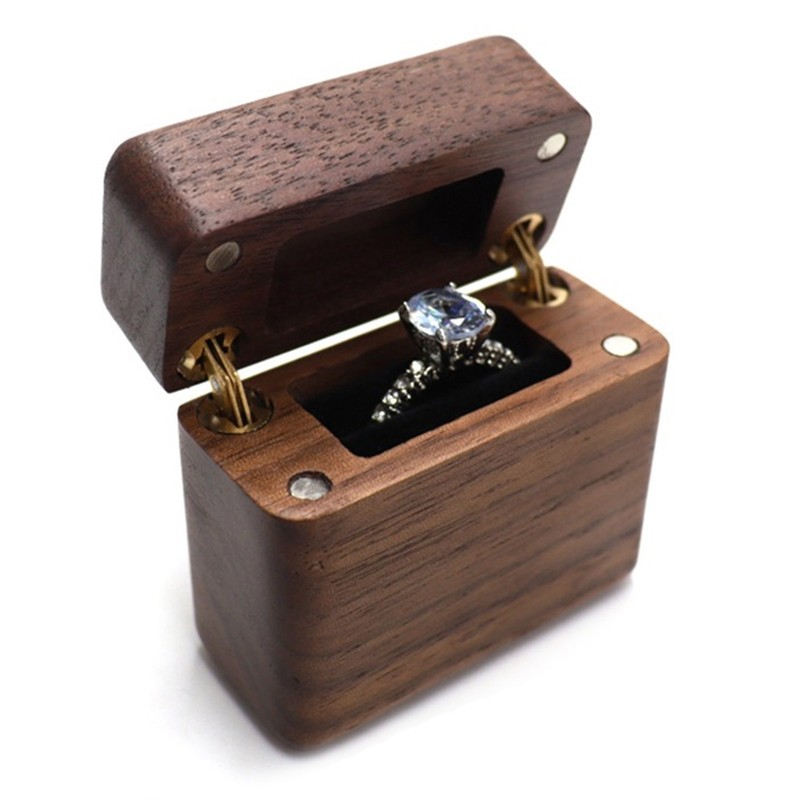 Ring Box Walnut Magnetic Cover Inlay Fleece Portable Wooden Wedding