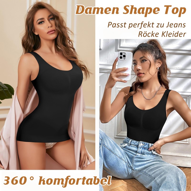 YARRCO Women's Shape Undershirt Shaping Tops Seamless Shirt, Black+Black-Wide Straps