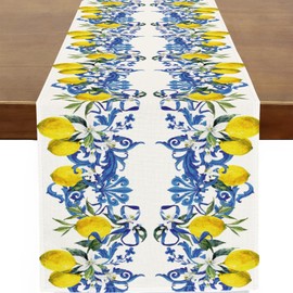 Baccessor Italian Blue Tiles Lemon Table Runner, Summer Lemons Table Runner Indoor Outdoor Dining Kitchen Dresser Partry Holiday Decor for Housewarming, Women, Couples 13x36 Inch