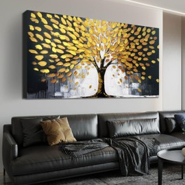 CANEITO Tree Wall art for Living Room, Yellow Leaves Canvas Wall Decor for Bedroom, Black White and gold Artwork for Office, Large Size 29 x 59 Inches Hand Painted
