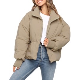 MEROKEETY Women's 2025 Winter Long Sleeve Zip Puffer Jacket Pockets Baggy Short Coats, Khaki, XS