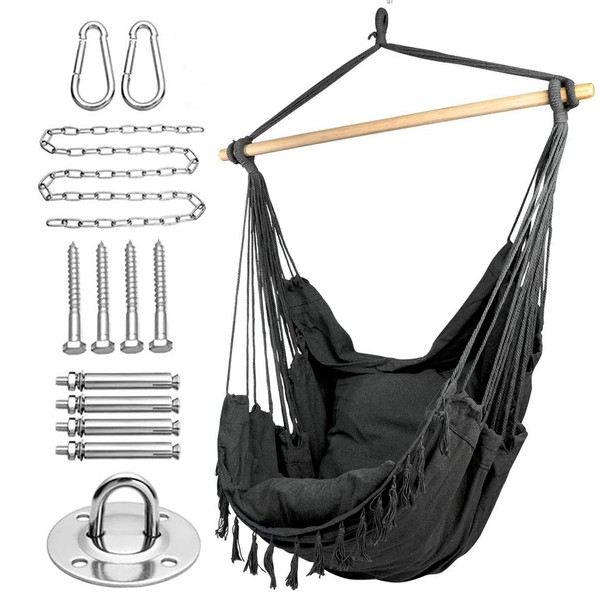 SereneLife Hanging Hammock Rope Swing Chair - Super Sturdy Construction for Swing Safety, Indoor/Outdoor Use Hand-Woven Swing Chair, Cotton & Polyester Fabric (Anthracite) SLHMB30 Charcoal Grey