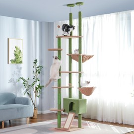 Meowrista Floor to Ceiling Cat Tree Tall Cat Tower with Adjustable Height (81.8-108 Inches) with Fully Scratching Post Private Condo and Hammock for Indoor Cats (Green, Triple Dule Posts)