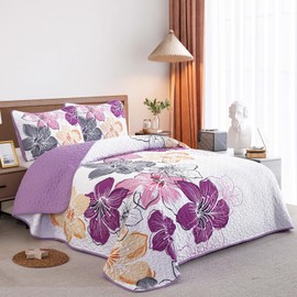 DJY 3 Pieces Quilt Set Queen Size Purple Floral Pattern, Colourful Floral Bedspread Set Bohemia Reversible Bedding Set Microfiber Lightweight Bedspread Coverlet Set for All Season 90"x96"