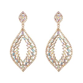 BriLove Women's Fashion Crystal Hollow Leaf Geometric Rhinestone Cluster Drop Dangle Earrings for Wedding Party Iridescent AB Gold-Tone