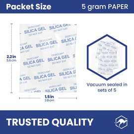 Wallaby 5 gram (250 Packets) Food Safe Pure White Silica Gel Desiccant Dehumidifier Packs - Rechargeable & Coated Moisture Absorbers - Protects Against Moisture Damage - (Packed in 50x Sets of 5)