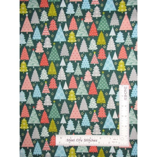 Makower UK Fabric Christmas Fabric Trees Multi Color Teal-Green Cotton