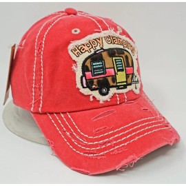 4350 District HAPPY GLAMPING Cap Pigment Washed Distressed Dad Hat Adult OSFM Coral NWT