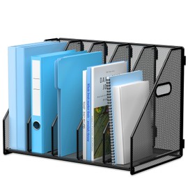 MINDEPOT Desk File Organizer Metal Desk Magazine Folder Holder with 5 Vertical Compartments Rack File Organizer for Office, Home, School, Black