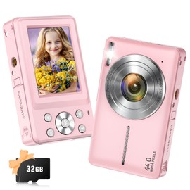 Digital Camera, Jukanur Upgraded FHD 1080P Digital Camera for Kids with 16X Zoom, Flashlight, 32GB Card, 44MP Point and Shoot Camera Compact Small Selfie Camera for Girls, Boys, Teens, Students,Pink