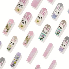 24Pcs Long Press on Nails Easter Square Fake Nails with Cute Bunny Designs Colorful Striped Acrylic Glue on Nails Spring Flowers Stick on Nails Full Cover Artificial False Nails for Women Girls