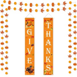Piacolnic Fall Door Banner, 3 Pcs 2 Styles GIVE THANKS Banner Porch Door, Fall Door Porch Sign Hanging Banner Thanksgiving Banners for Autumn Indoor Outdoor Thanksgiving Decorations