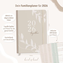 KIND OF HAZEL Family Planner 2026 DIN A5 Book Calendar with 5 Columns and Stickers, Hardcover Calendar for Family Organisation and Appointments, Weekly Planner, Beige