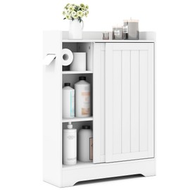 Tangkula Bathroom Storage Cabinet, Slim Floor Cabinet with Toilet Paper Holders, Brush Compartment & Adjustable Shelves Next to Toilet, Sliding Door Cabinet for Small Spaces, White (White)