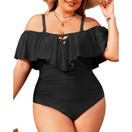 Daci Women Plus Size One Piece Swimsuits Tummy Control Ruffle Off Shoulder Bathing Suits, Black, 22 Plus