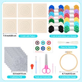 WATINC Devil Eye Punch Needle Coaster Kit - 22Pcs Easy Art Work Decor Craft Supplies Kits for Beginners, DIY Set of 6 Pattern Tufted Rug Pads with Adhesive Felt Yarns Embroidery Hoop Instruction Gifts