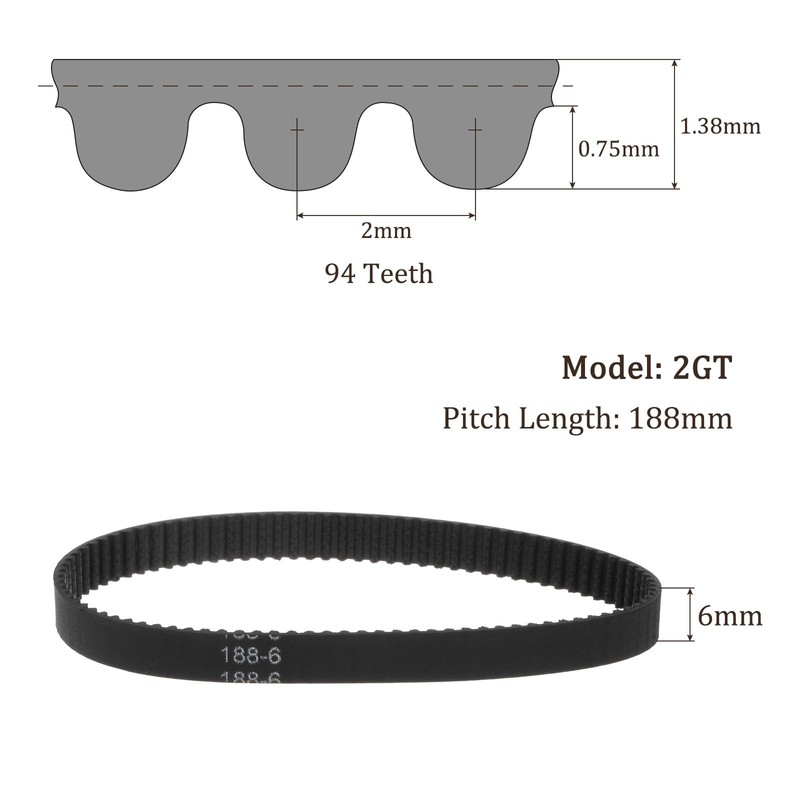 Kozelo 188-2GT-6 Rubber Toothed Belt - [6 mm Width, 188