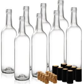 DEAYOU 8 Pack 750ml Bordeaux Wine Bottles, Glass Clear Bottles with 8 Corks and PVC Shrink Capsules, Flat-Bottomed Empty Bottles for Liquor, Cham
