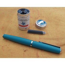 J Herbin Blue Metal Roller Ball Pen with Fine Nib and Tin of 6 Orange Cartridges