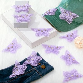 12 Pieces 3D Rhinestones Lace Embroidery Butterflies Appliques, Sewing Craft Double Layers Organza Patches for Wedding Bride Dress Clothes Hat Curtain (Purple)