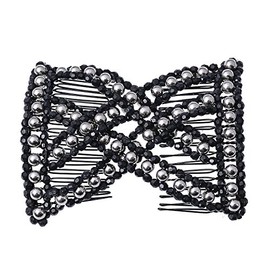 Lovef Easy Magic Hair Beauty Decoration Comb Pearl Stretchy Beaded Hairpin Bow Double Combs Lady in Assorted Color (Grey)