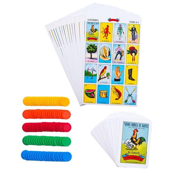 Loteria Mexican Bingo Game Kit - Loteria Bingo Game for 20 Players - Includes 1 Deck of Cards and Boards - with 100 Bingo Chips - for The Entire Family - Great for Learning Spanish.