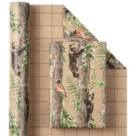 RUSPEPA Kraft Christmas Wrapping Paper Roll, Mini Roll, Forest Brown Bear Design Kraft Paper, Rustic Woodland Animal Gift Wrap for for Kids, Adults, Family, Xmas Holiday, 17 Inches x 16.4 Feet